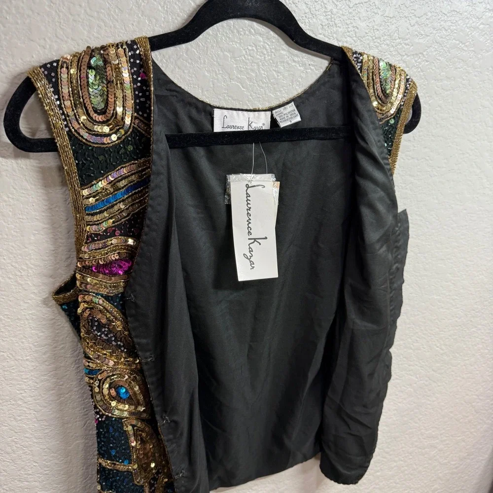 Lawrence Kazars Womens S Beaded Silk Vest Black Gold Paisley Boho Eclectic Artsy - Picture 8 of 11